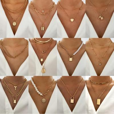 China Boho Trendy Multilayer Cross Choker Chain Metal Gold Vintage Bead Pendant Necklace For Women for sale