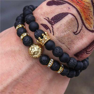 China Other Lion Head And Micro Inlaid Zircon Crown Bracelet 8mm Volcanic Stone Bead Bracelet For Men for sale