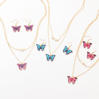 China New Design CLASSIC Colorful Butterfly Pendant Necklace And Earrings Jewelry Set For Fashion Girls for sale