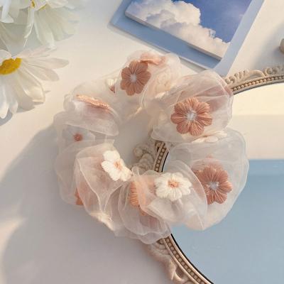 China Fashion Soft Embroidery Flowers Mesh Scrunchies Romantic Hair Rope Hair Ties Hair Accessories For Women for sale