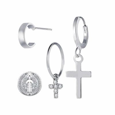 China Other 4 Pieces/Set Cross Pendant Jewelry Circle Rhinestone Plain Hot Selling Jesus Earring Set Unisex Earring for sale