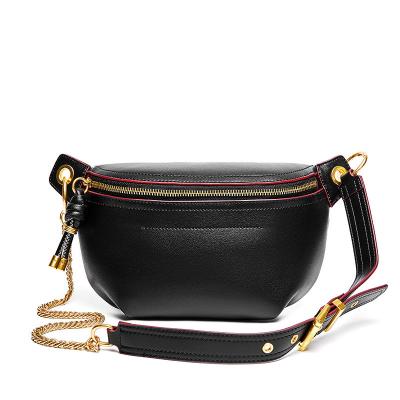 China New Arrival Water Proof Genuine Leather Women Fanny Pack Bag Fashion Banana Waist Bags Lady Waist Bags Trunk Bag With Chains for sale