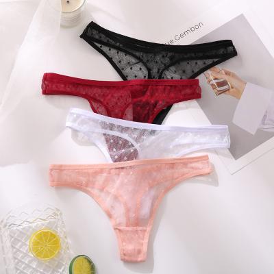 China Antibacterial Fashionable Women's Panties Low Waist Thong Transparent Net Hollow Lace Up G-String Panties For Women for sale