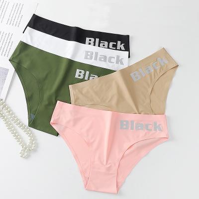 China Women's Traceless Sheer Custom Hot Antibacterial One-Piece Seamless Ice Silk Letter Print Underwear Panties Low Waist Logo Sale Silk Briefs for sale