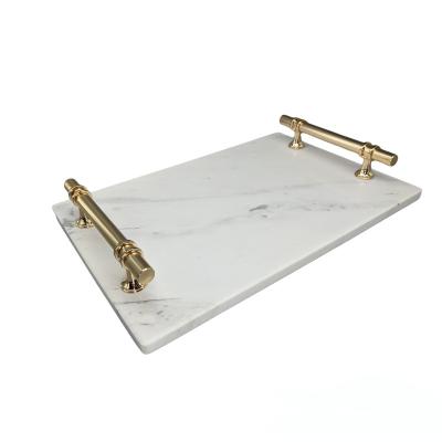 China Europe Rectangle Marble Tray With Glossy Gold Zinc Alloy Handles for sale