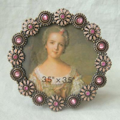 China Home Decoration Vintage Round Jeweled Rose Flower Metal Photo Frame 3.5x3.5 Inch Shaped for sale