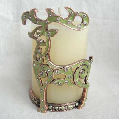 China Europe Antique Copper Christmas Reindeer Green Jeweled Metal Alloy Candle Holder for sale