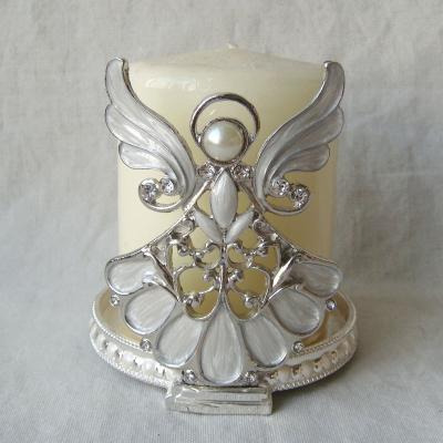 China 100% Handmade Silvers Plated with White Hand Enameled ABS Pearl and Rhinestones Jeweled Angel Design Metal Alloy Candle Holder for sale