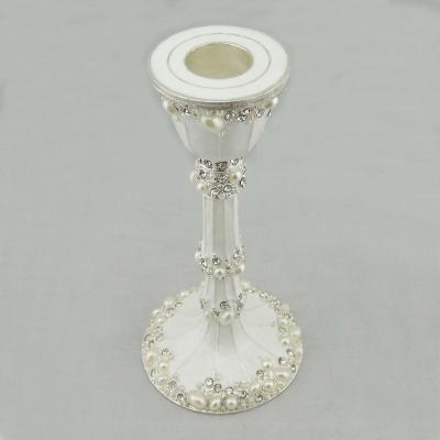 China 100% Handmade Wedding Stick Candle Holders Jeweled Alloy Shiny Silver White Accents Metal Beads for sale