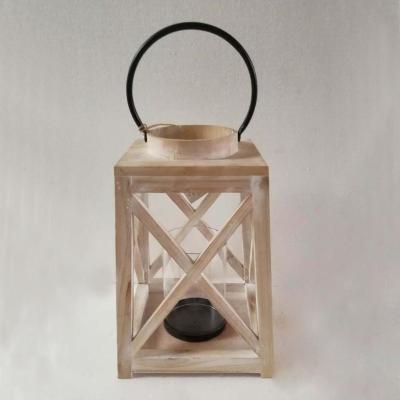 China Vintage Rectangle Natural Wooden Candle Lantern With Handle European Garden Decorative Wooden Lantern for sale