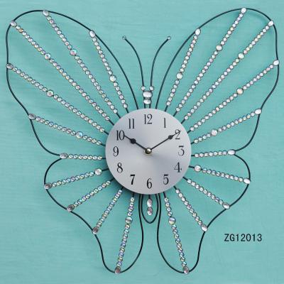 China Antique Style Large Black Iron Butterfly Wall Clock With Jeweled Clear Acrylic Stones For Home Interior Decoration for sale