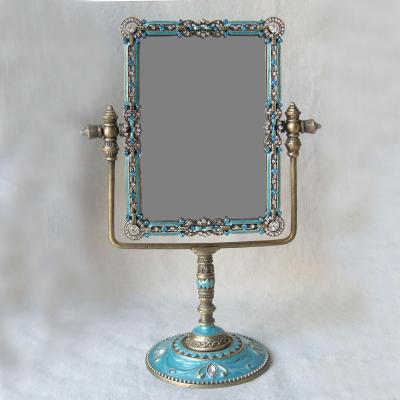 China Decorative Antique Brass Blue Hand Enameled And Bead Jeweled Metal Alloy Framed Rectangle Shaped Swing Table Mirror for sale