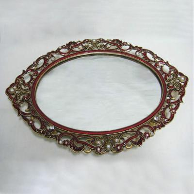 China World Classic Antique Gold Burgundy Jeweled Zinc Alloy Framed Oval Mirror Tray for sale