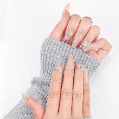 China 24 Pieces/Box Skin Color Artistic Nude Press On Nails Fake Nails Tips XXL Stiletto Press On Nails With Colorful Butterfly Decoration for sale