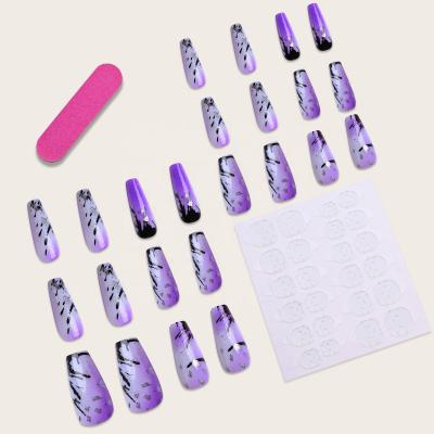 China 24 Pieces/Box Artistic Purple Press On Nail Tips Fake Nails Stilettos Press On Nails Charms With Anthracnoses for sale