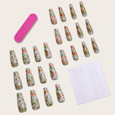 China 24 Pieces/Box Artistic Blooming Green Orange Press On Nail Tips Fake Nails Stilettos Press On Nails Charms for sale