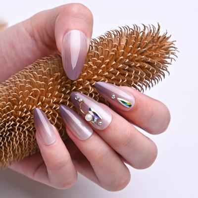 China 24 Pieces/Box Artistic Purple-Brown Press On Oval Fake Nails Press On Medium Nails With Rhinestone for sale