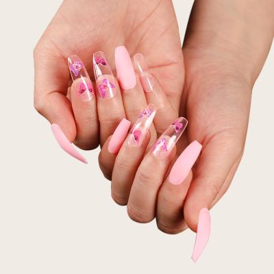 China 24 Pieces/Box Artistic Light Pink Press On Nail Tips Fake Nails Stilettos Press On Medium Nails With Butterfly Pattern for sale