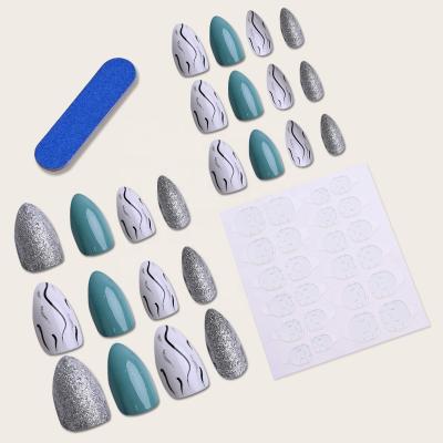 China 24 Artistic Pieces/Box Light Blue And White Press On Oval Fake Nails Press On Nails Middle for sale