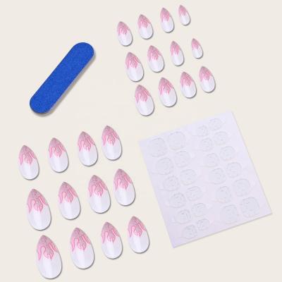 China 24 Pieces/Box Artistic Transparent White Press On False Nails Tip French Press On Medium Nails With Pink Flame Pattern for sale