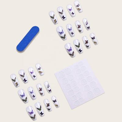 China 24 Pieces/Box Artistic White Press On Fake Nails Artificial Fake Character Nails Coffin Ballerina With Butterfly Pattern for sale