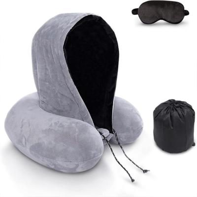 China Anti-Static Hot Sale Light Weight U Shape hooded airplane neck pillow Travel Pillow with Hood for sale