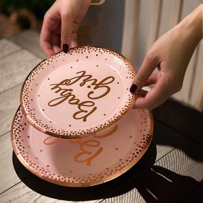 China Moden Ha New Birthday Party Cutlery Gold Paper Plate Disposable Dessert Dish for sale