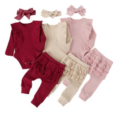 China Anti-Bacterial Golden Supplier 3Pcs Newborn Baby Cotton Clothes Onesie Ribbed Long Sleeve Romper Pant Set Clothing Sets for sale