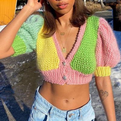 China Anti-Wrinkle 2021 Summer Women's New Sweater Crop Top Fashionable V-Neck Short Shorts Knit Button Slim Contrast Knitted Tops for sale