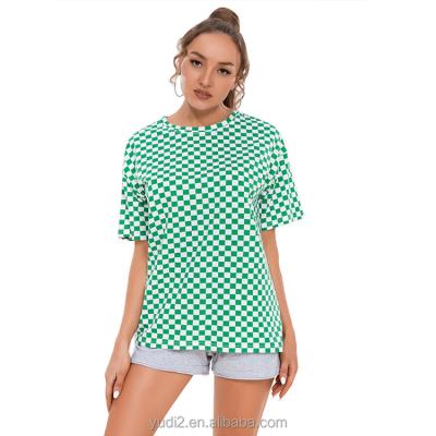 China Yudi Garment 2022 Anti-Pilling Casual T-Shirt Crew Neck Stylish Short Sleeve T-Shirts Two Tone Grid Printed Fashion For Women for sale