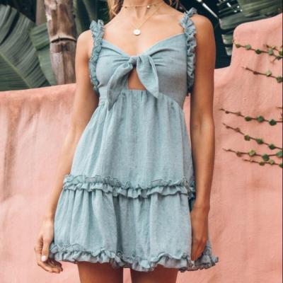 Chine New Trend Anti-Wrinkle Knot Bust Cotton Hollow Beach Cut Out Sleeveless Ruffles Casual Mini Dress Summer à vendre