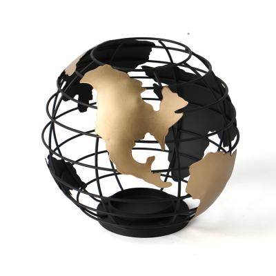 China High quality European style K&b metal globe map style fashion black modern antique geometric candle holder for sale