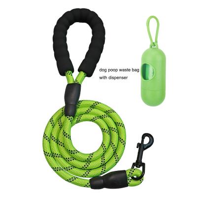 China 5ft Padded Strong Nylon Reflective Foam Rope Handle Dog Leash With Dog Poop Waste Bag Dispenser for sale