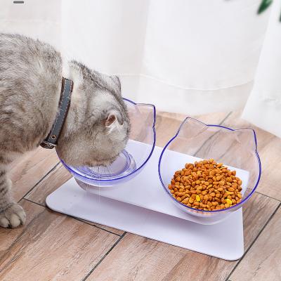 China Easy-cleaning Non-slip Cat Shape Spine Viable Cat Double Bowl Protect Cervical Bevel 15 Degree Cat Feeding Bowl for sale