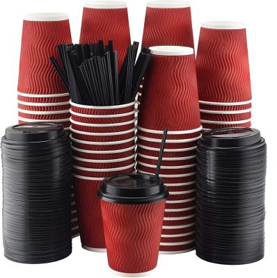 China 8oz 12oz Recyclable Ripple Red Disposable Wallpaper Cups With Black Lids And Straws for sale