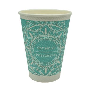 China 12oz 380ml Recyclable Wallpaper Cup Custom Printed Hot Sale Double Embossed Paper Coffee Cups With Lid for sale