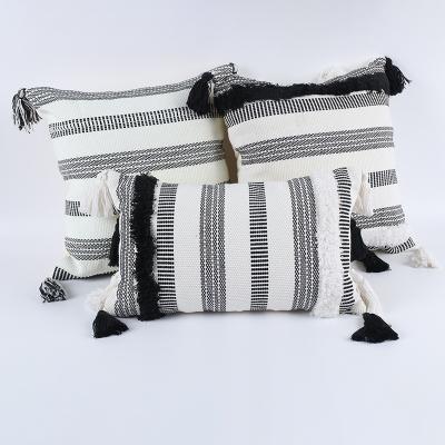 China Anti Woven Cotton Dust Mite Lumbar Tufted Tile Covers Black White Stripe Neutral Pillow Cases Decorative Cushions For Home Decor for sale