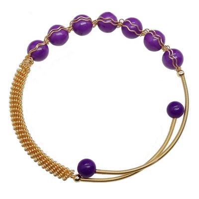 China TRENDY Adjustable Natural Purple Mica Stone Handmade Beaded 14K Gold Filled Braided Wire Double Bangle Cuff Bracelet For Women for sale