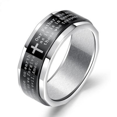 China Factory Wholesale Hot Sale Mens Stainless Steel Classic Black Engraved Bible Nickel Free Words Cross Spinner Verse Rings for sale