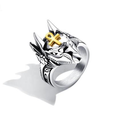 China Factory Outlet Nickel Free Overbearing Anubis Ring Titanium Steel Men Punk Ring Window-broken Egyptian Crusader Ring for sale