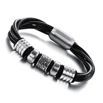 China Fashionable Latest Celtic Black Rope Magnetic Stainless Steel Clasp Bracelets Men's Leather Bracelets From NJ for sale