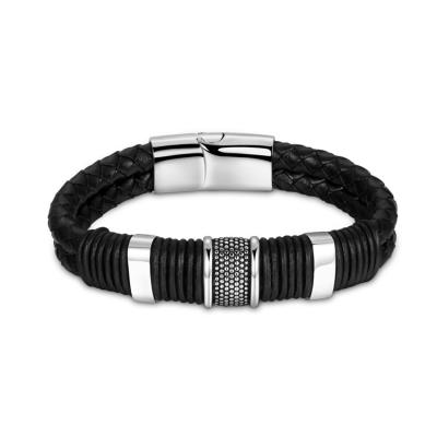 China Lead Free / Nickel Free Newest Style Stainless Steel Black Leather Bracelets Mens Cool Multilayer Leather Bracelets for sale