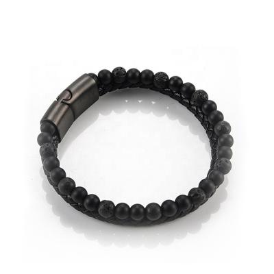 China Men Leather Lava Stone Anxiety Bracelet For Stainless Steel Lead Free Magnetic Clasp Bracelet for sale