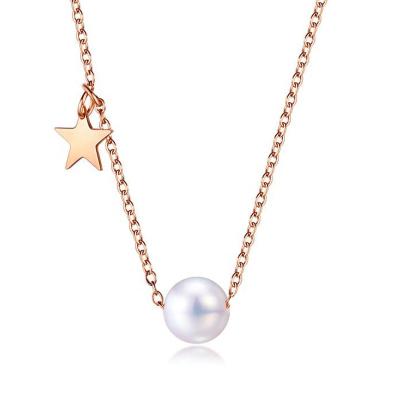 China Lead Free/Nickel Free Hot Selling Simple Titanium Steel Rose Gold Chain With Pearl And Star Freshwater Pendant Necklaces for sale