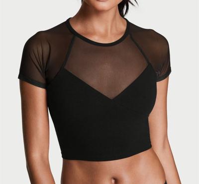 China New arrival hot sexy mesh detail cropped top t shirts workout clothes for sale