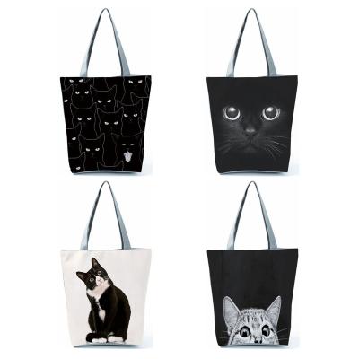 China Fashion Cloth Foldable Shopping Bags for Groceries Cute Black Cat Printed Tote Bag for Women Personality School Traveling Shoulder Bags for sale