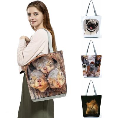 China Fashion Squirrel Printed Animal Tote Bags High Capacity Foldable Handbags Eco Reusable Custom Pattern Women Shopping Bag Shoulder Bag for sale