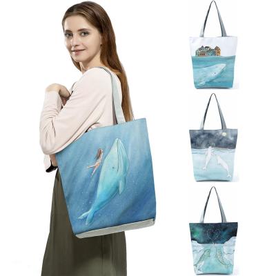 China Wholesale Cute Women's Blue Women's Handbags Tote Travel Beach Bag Girl's Large Capacity Sea Whale Fashion Painting Bag Customer Series Gift for sale