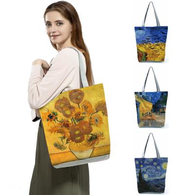 China Wholesale Fashion Van Gogh Oil Printed Tote Bags Retro Art Fashion Travel Bag Women Leisure Eco Shopping Foldable Handbags Beach Bag for sale