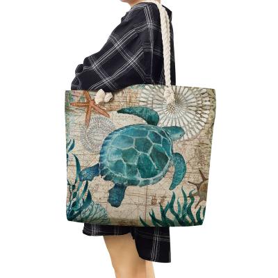 China Casual Customize Packaging Whale Printed Cheap High Quality Marine Life Animal Handbags Turtle Rope Travel Beach Bag Thick Octopus Seahorse for sale